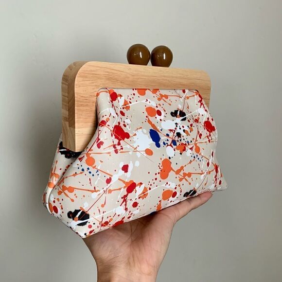 Handmade Genuine Leather Splatter Printed Wooden Frame Clutch with Small Purse - Picture 7 of 16